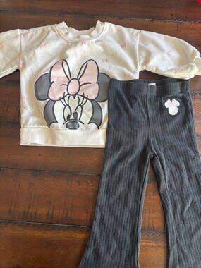 Disney Girls Cream & Pink Minnie Mouse Sweatshirt Set with Charcoal Ribbed Pants